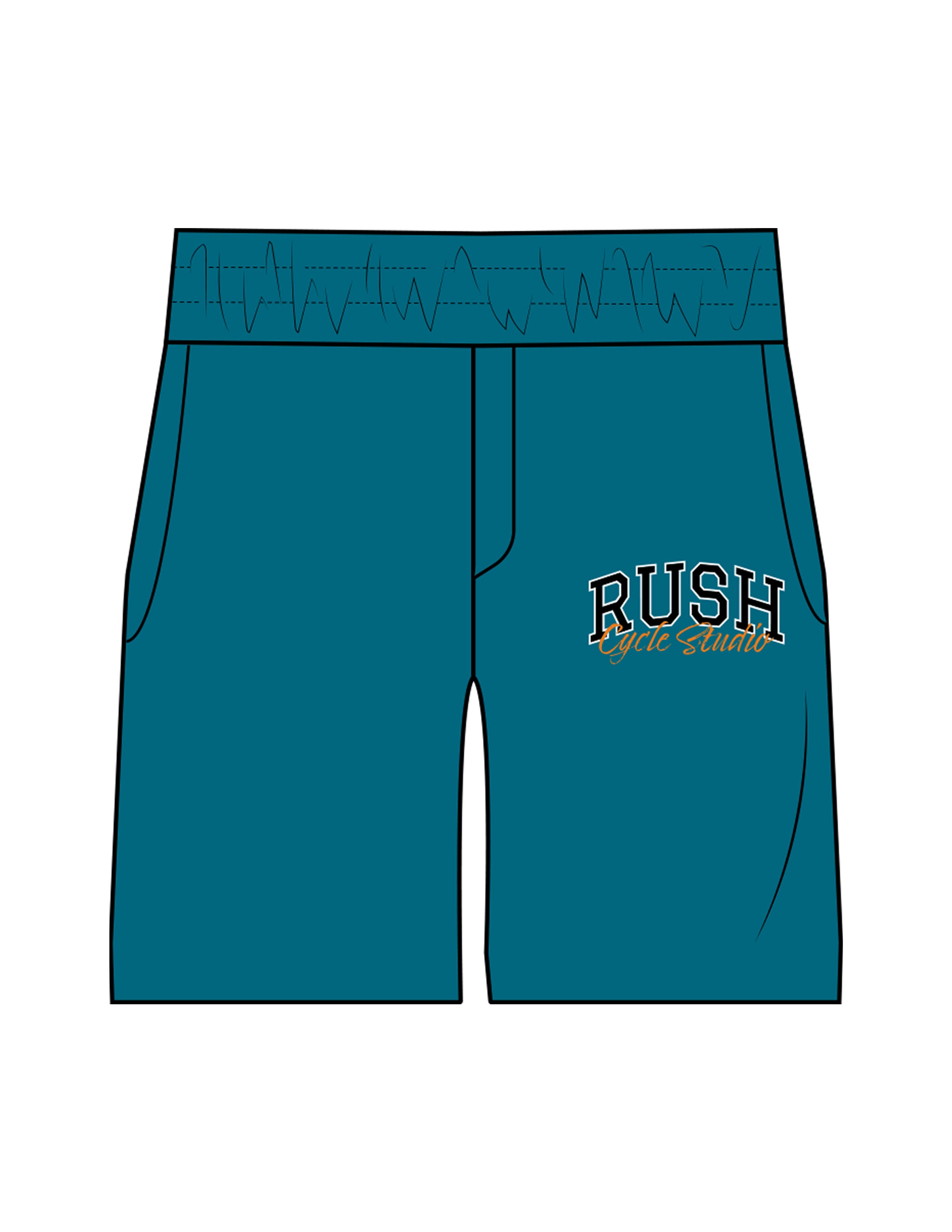 The Mens Beach Short - Atlantic - Rush Cycle Studio - Left Leg Stacked - Printed - Full Color