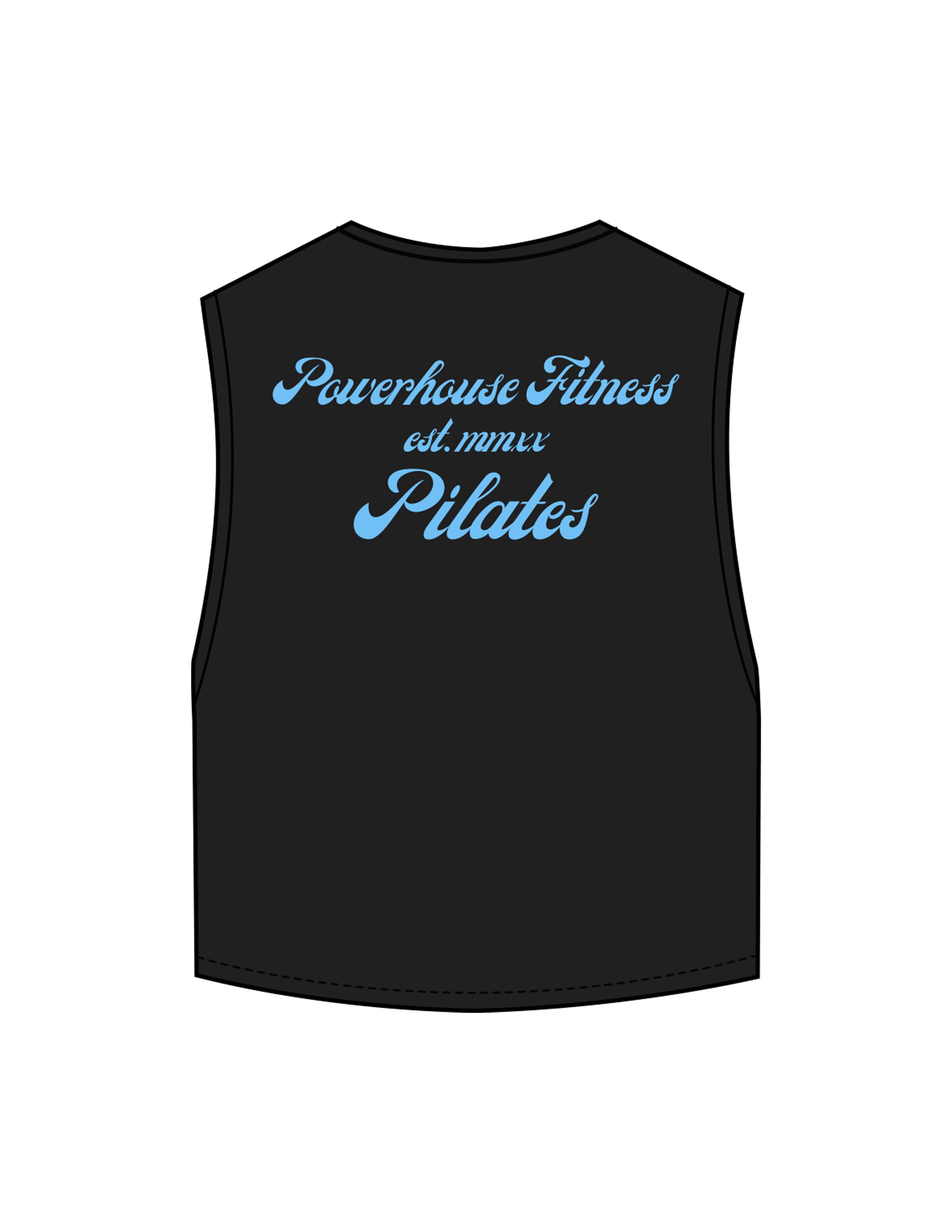 The Crop Muscle Tank - Black - Powerhouse Fitness - Left Chest & Back Stacked - "Pilates" Printed - Teal