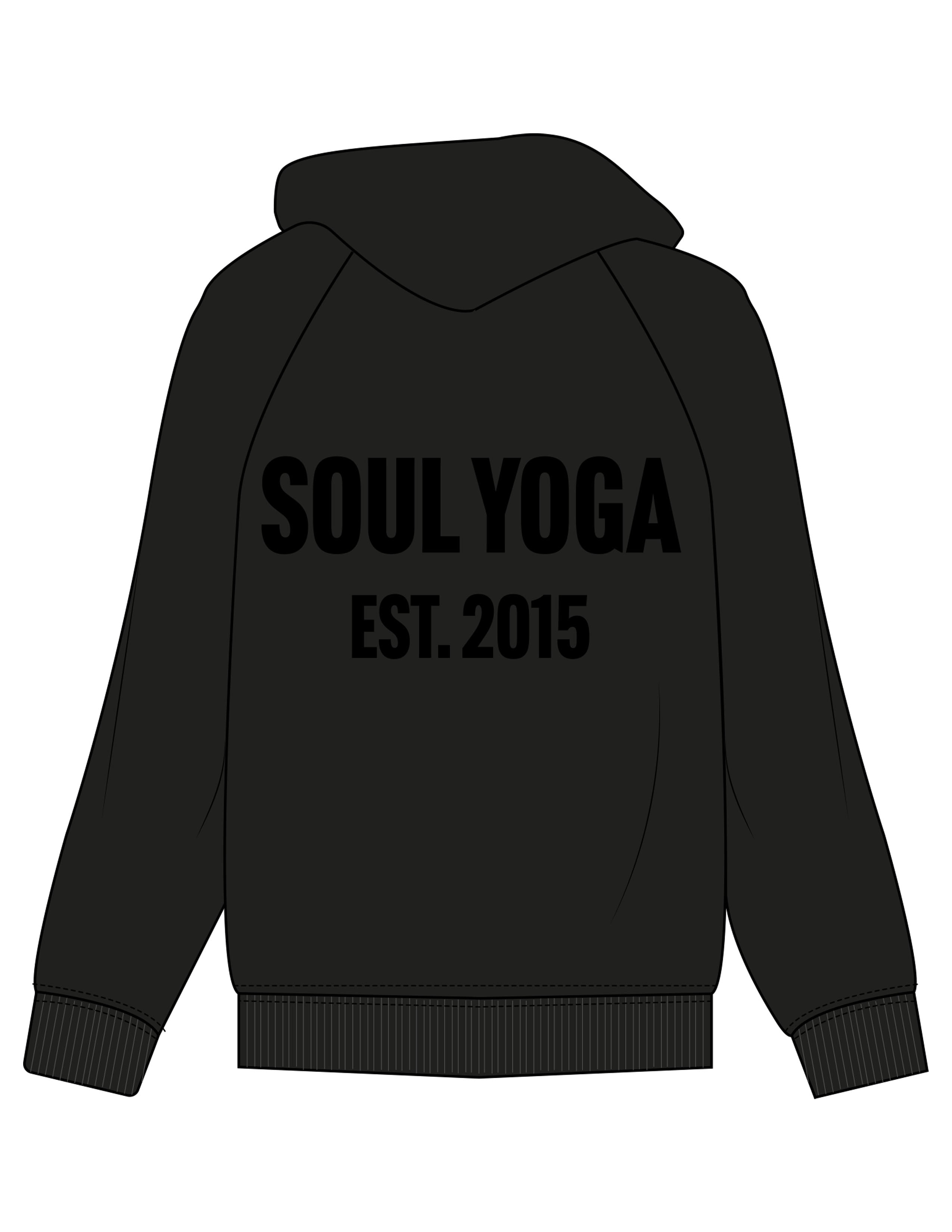 The Womens Zip Hoodie - Black - SOUL YOGA - Right Sleeve & Back Stacked - Printed - Tone on Tone
