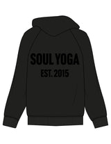 The Womens Zip Hoodie - Black - SOUL YOGA - Right Sleeve & Back Stacked - Printed - Tone on Tone