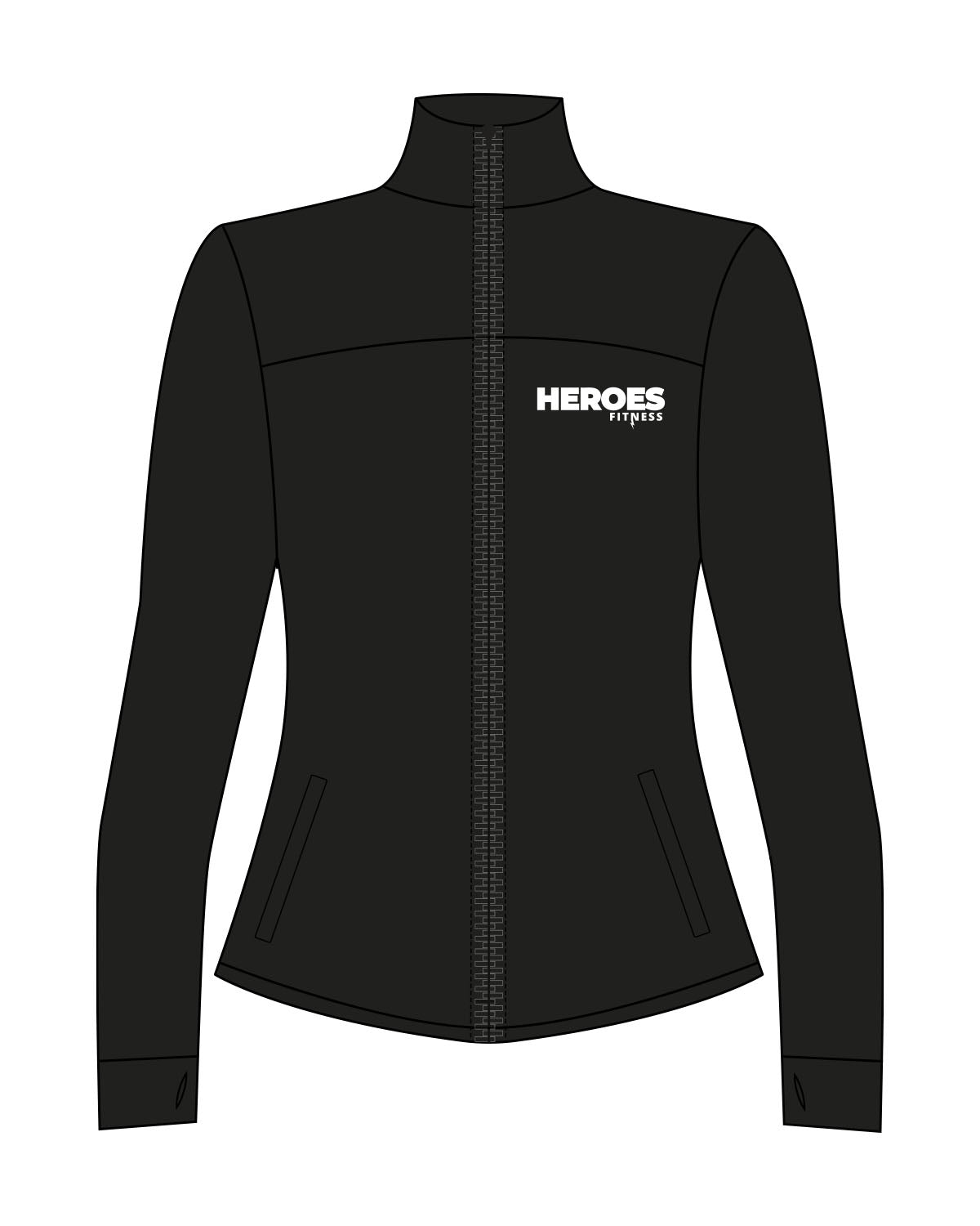 The Womens Zip Jacket - Black - Heroes Fitness - Left Chest Stacked - Printed - White