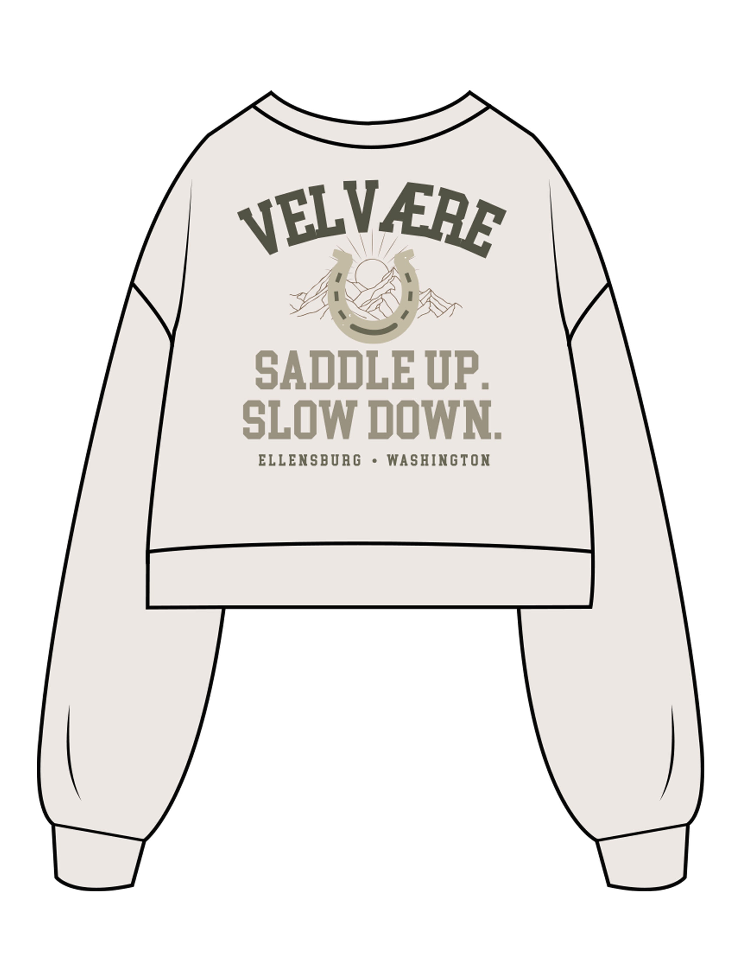 The Womens Crop Crewneck - Bone - Velvaere - Center Chest & Back Stacked "SADDLE UP" - Printed - Full Color