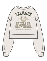 The Womens Crop Crewneck - Bone - Velvaere - Center Chest & Back Stacked "SADDLE UP" - Printed - Full Color