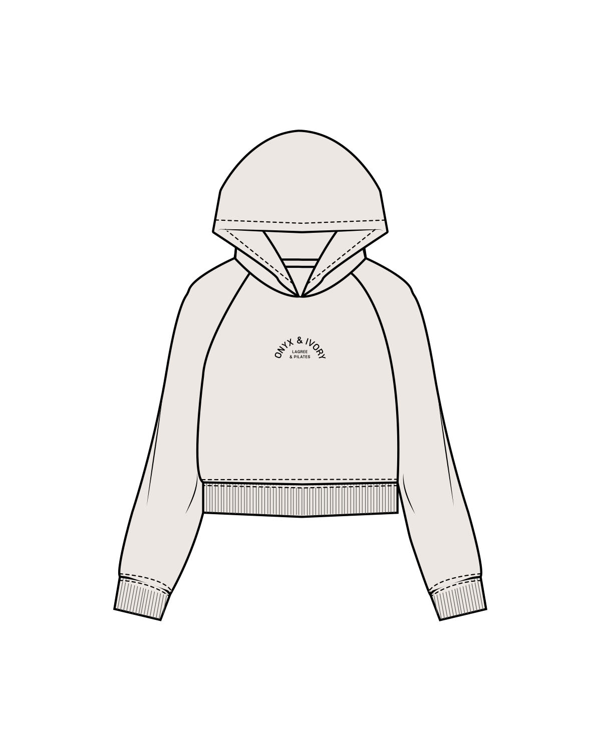 The Womens Crop Hoodie - Bone - Onyx & Ivory - Center Chest Arc Stacked & Back Stacked - Printed - Black