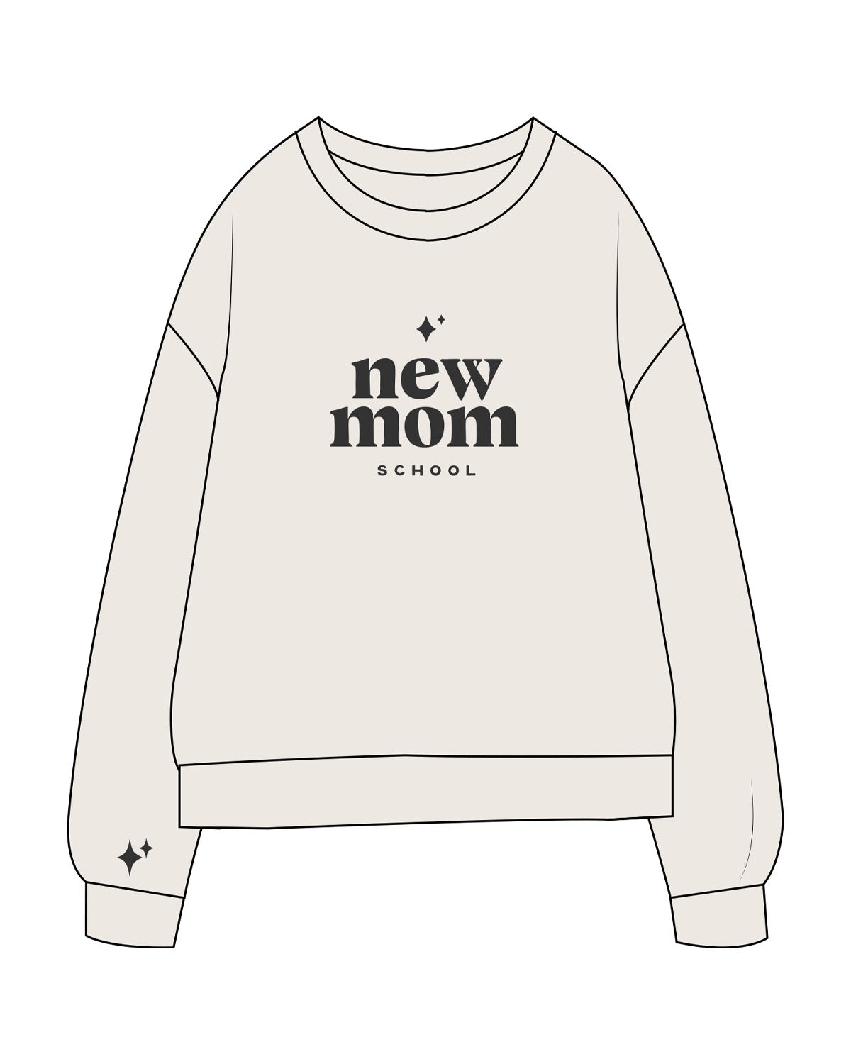 The Midweight Unisex Crewneck - Washed Ivory - New Mom School - Center Chest Stacked Logo, Right Sleeve Logo & Back Neckline - Printed - Washed Black