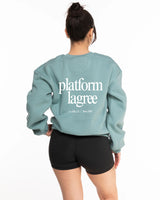 The Recycled Womens Crewneck- Arctic - PLATFORM - Left Chest - Back Stacked - Printed - White