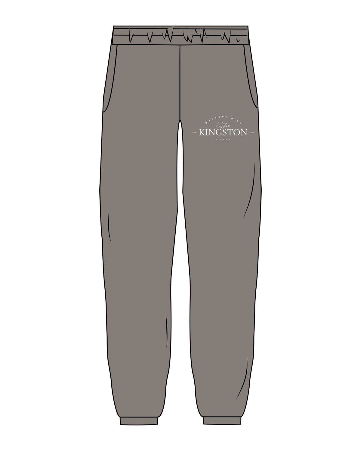 The Mens Sweatpants - Washed Gray - Spa Kingston - Front & Back Left Leg - Printed - White