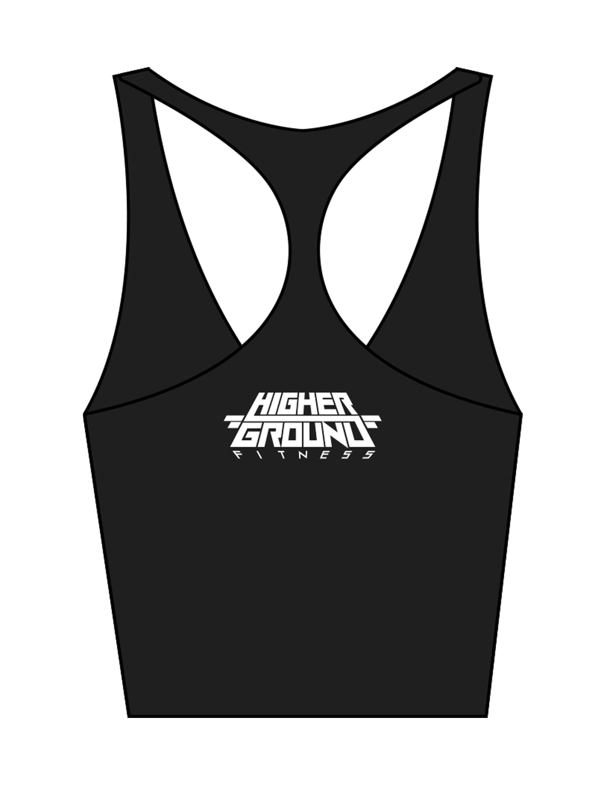 The Racer Tank - Black - Higher Ground  - Center Back Stacked - Printed - White