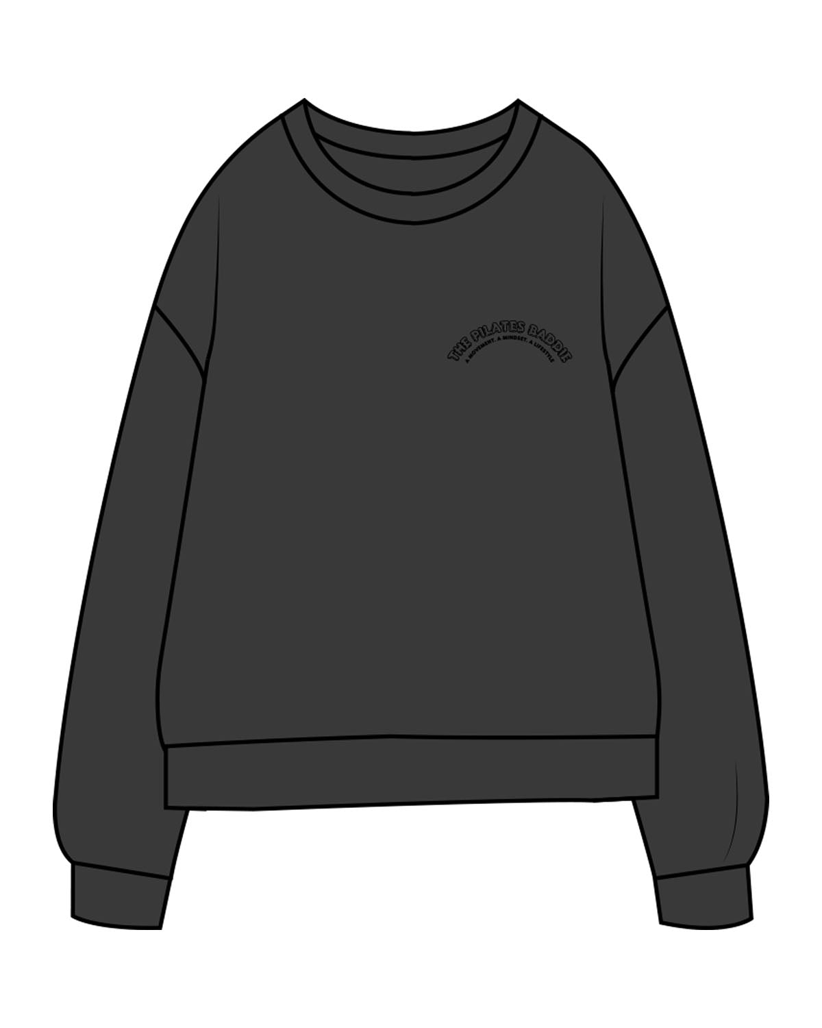 The Midweight Unisex Crewneck - Washed Black - Pilates Baddie - Left Chest Arc & Back Round - Printed - Black