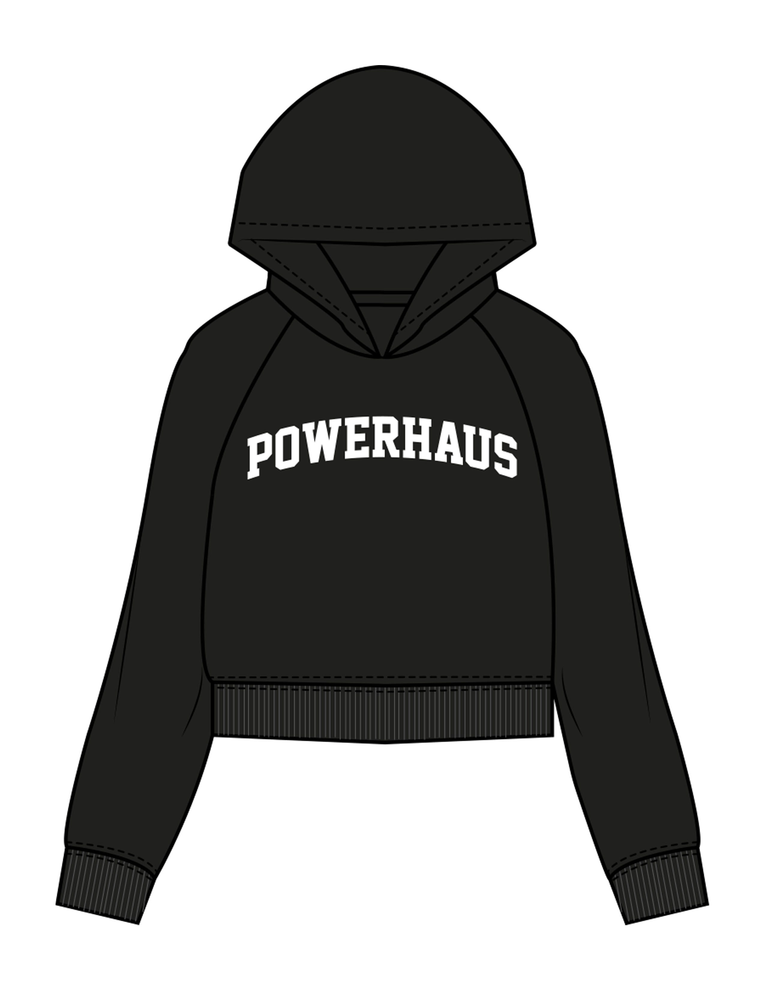 The Womens Crop Hoodie - Black - Powerhaus Lagree - Center Chest Arc & Back Round - Printed - White