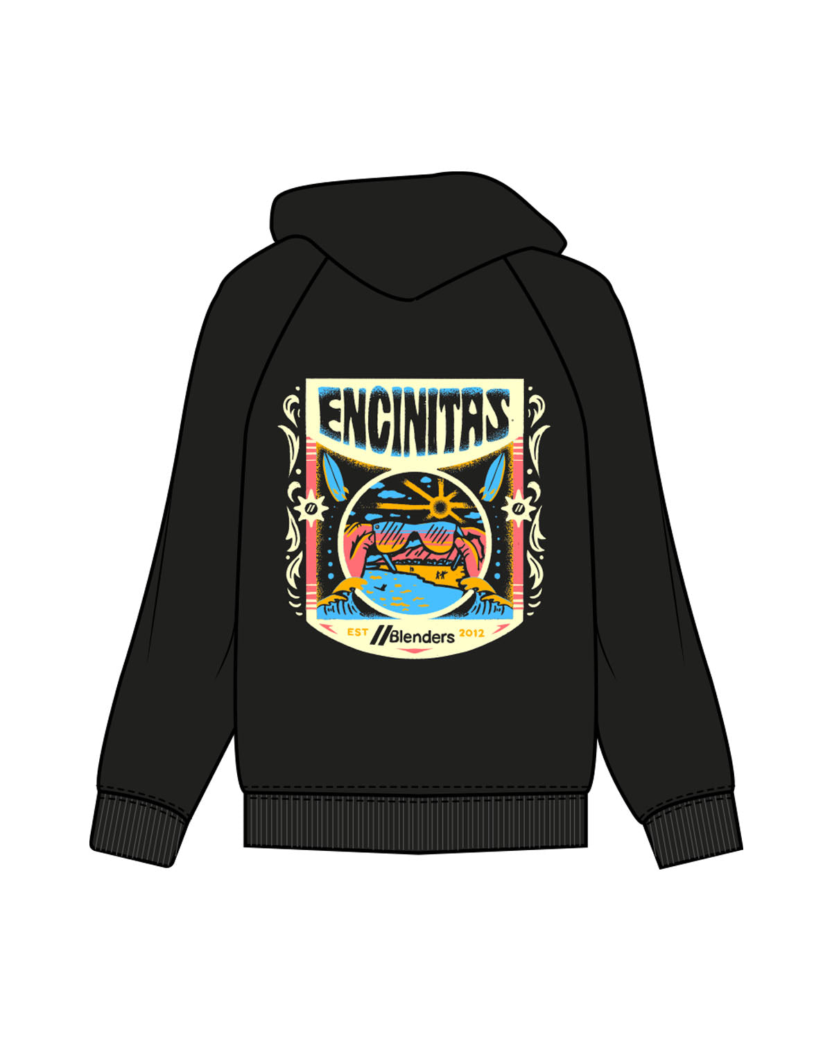 The Mens Hoodie - Black - Blenders - Left Chest & Back "ENCINITAS" - Printed - Full Color
