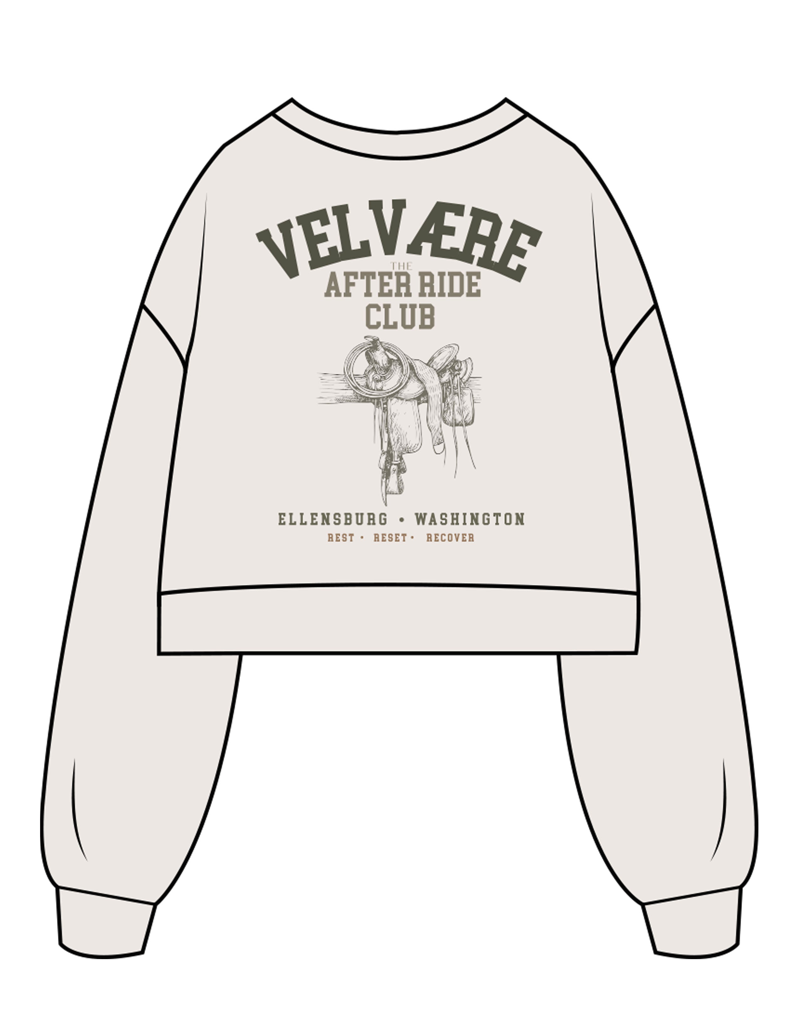 The Womens Crop Crewneck - Bone - Velvaere - Center Chest & Back Stacked "AFTER RIDE" - Printed - Full Color