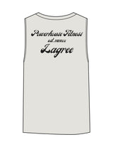 The Womens Heavyweight Tank - Washed Bone - Powerhouse Fitness - Center Chest & Back Stacked - Printed - Black