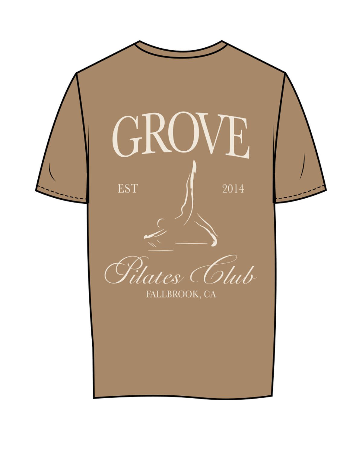 The Womens Tee - Sand - Grove Pilates - Left Chest & Back Center Stacked - #f0e7d9