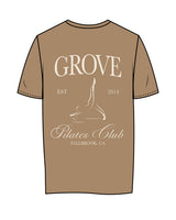 The Womens Tee - Sand - Grove Pilates - Left Chest & Back Center Stacked - #f0e7d9
