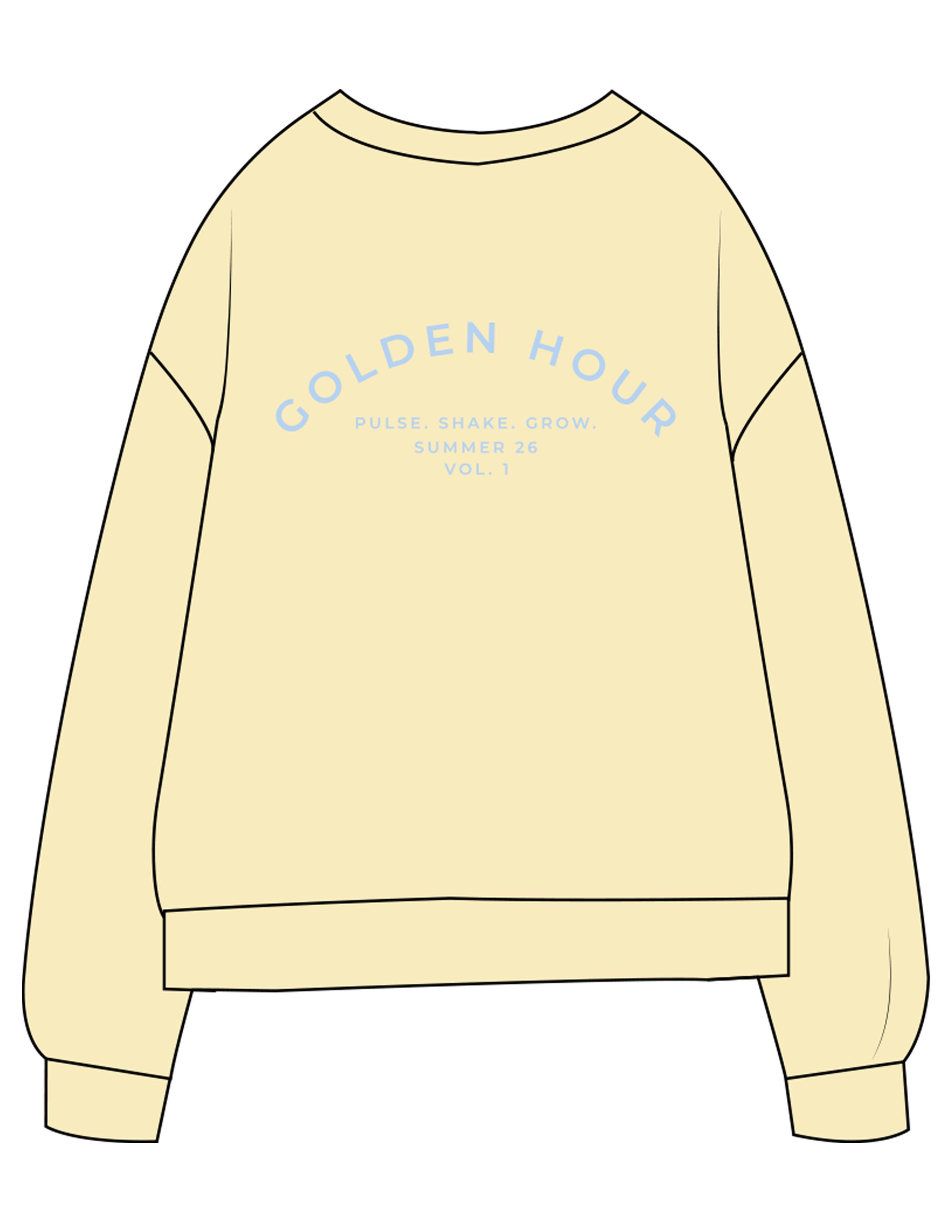 The Midweight Unisex Crewneck - Washed Yellow - Golden Hour - Center Chest Stacked & Back Stacked - Printed - Light Blue
