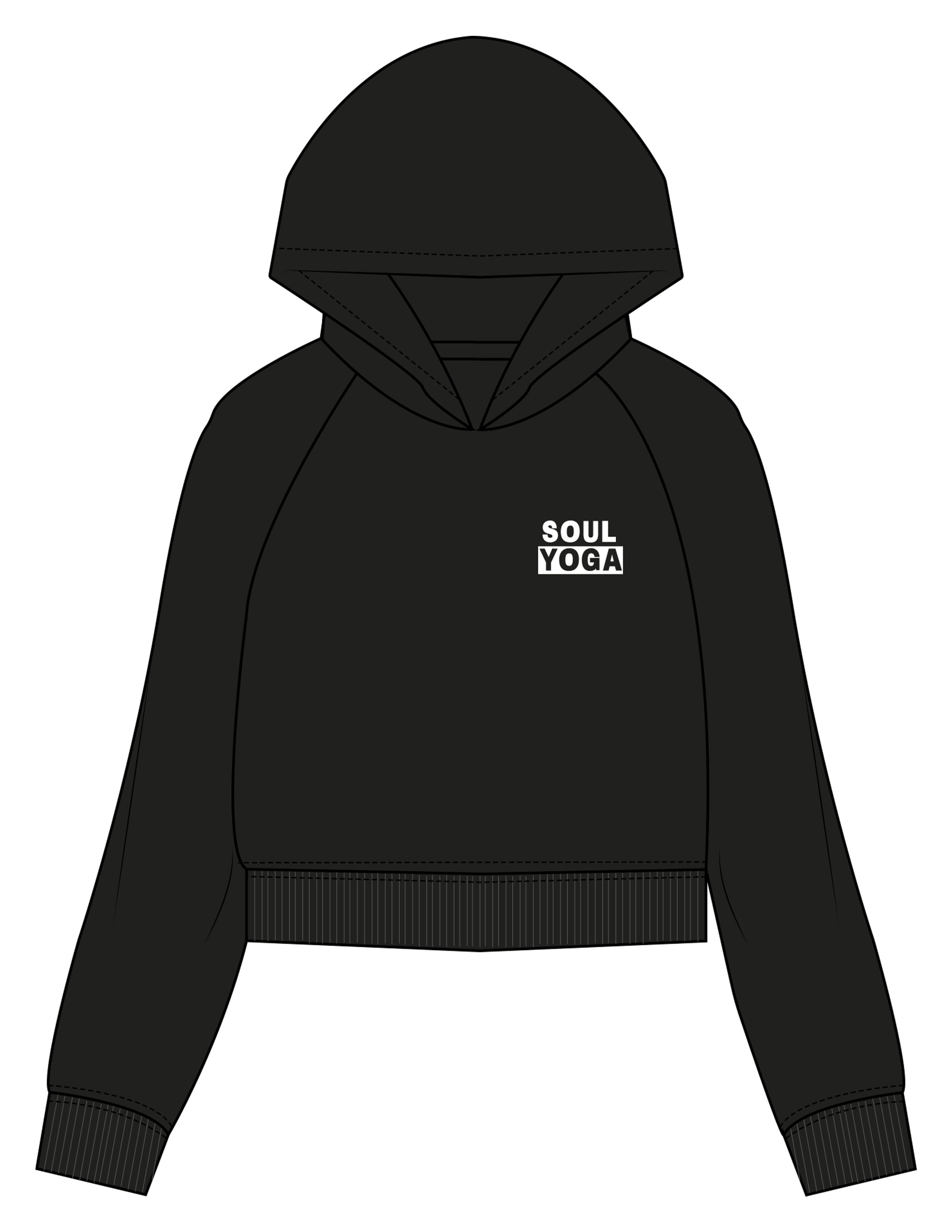 The Womens Crop Hoodie - Black - SOUL YOGA - Left Chest Stacked - Printed - White