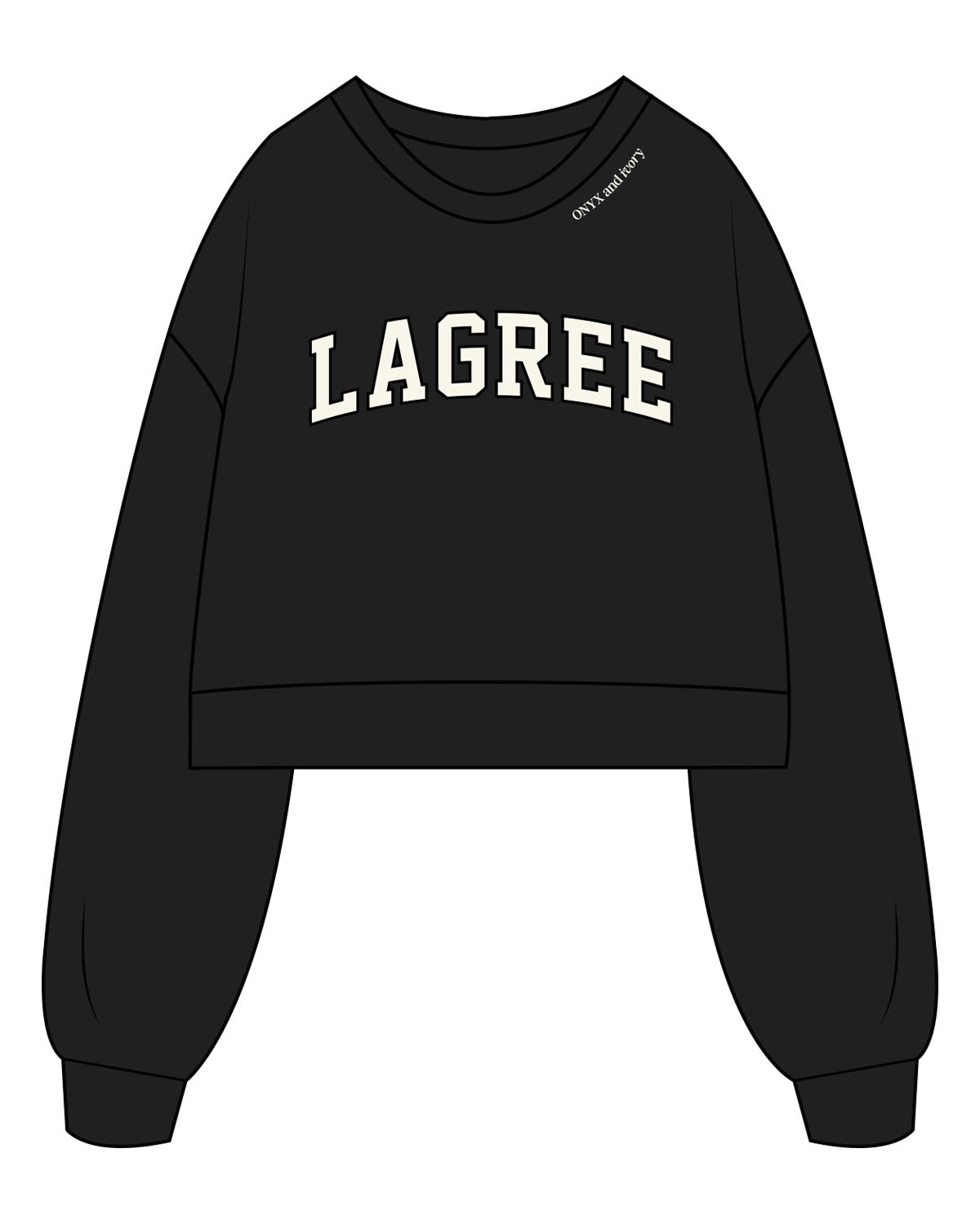The Womens Crop Crewneck - Black - Onyx & Ivory - Center Chest Arc & Front Neckline - Printed - Off White
