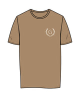 The Womens Tee - Sand - Grove Pilates - Left Chest & Back Center Stacked - #f0e7d9