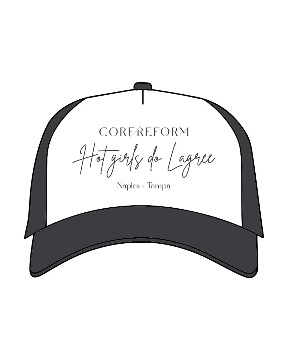 THE FOAM TRUCKER HAT - White / Coal - CORE REFORM - "Hot Girls" Center Crown Logo - Printed -  Coal