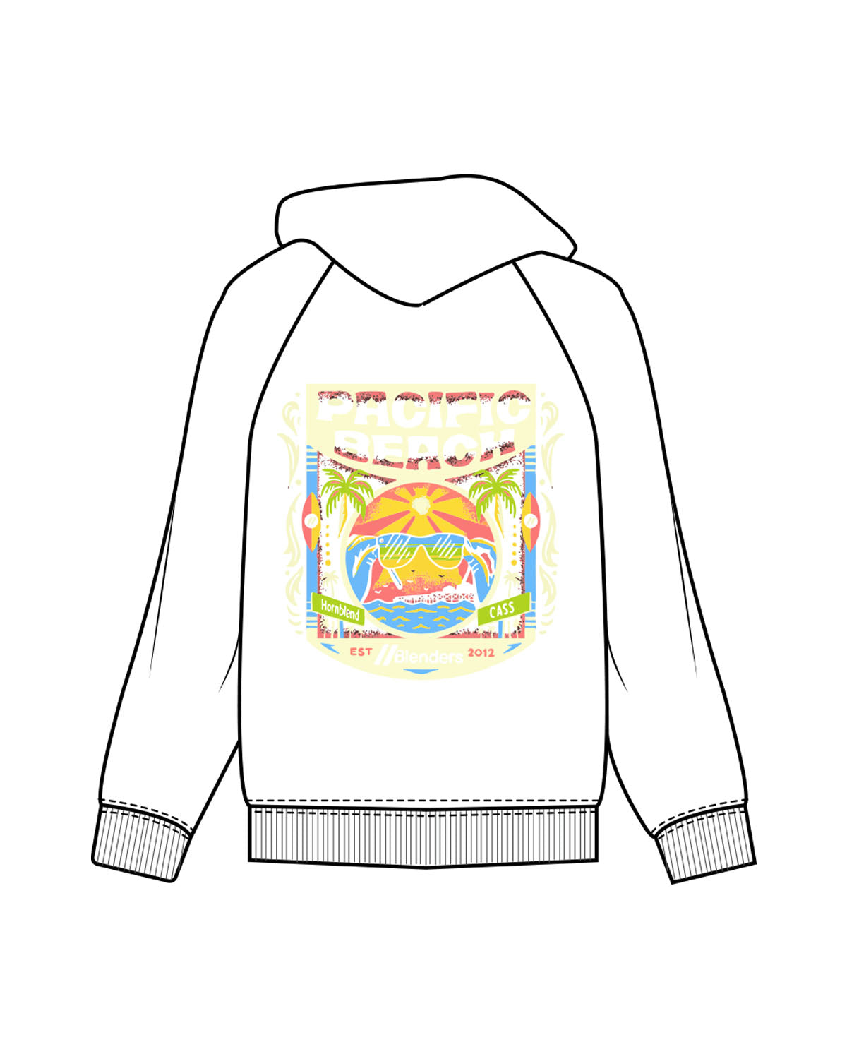 The Mens Hoodie - White - Blenders - Left Chest & Back "PACIFIC BEACH" - Printed - Full Color