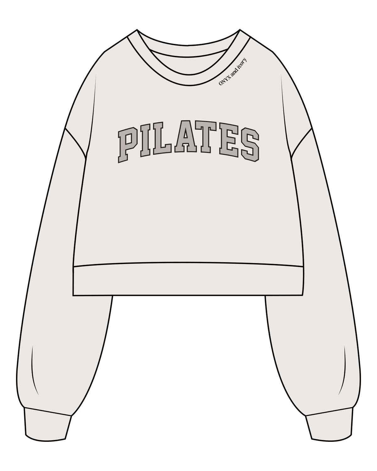 The Womens Crop Crewneck - Bone - Onyx & Ivory - Center Chest Arc & Front Neckline - Printed - Full Color