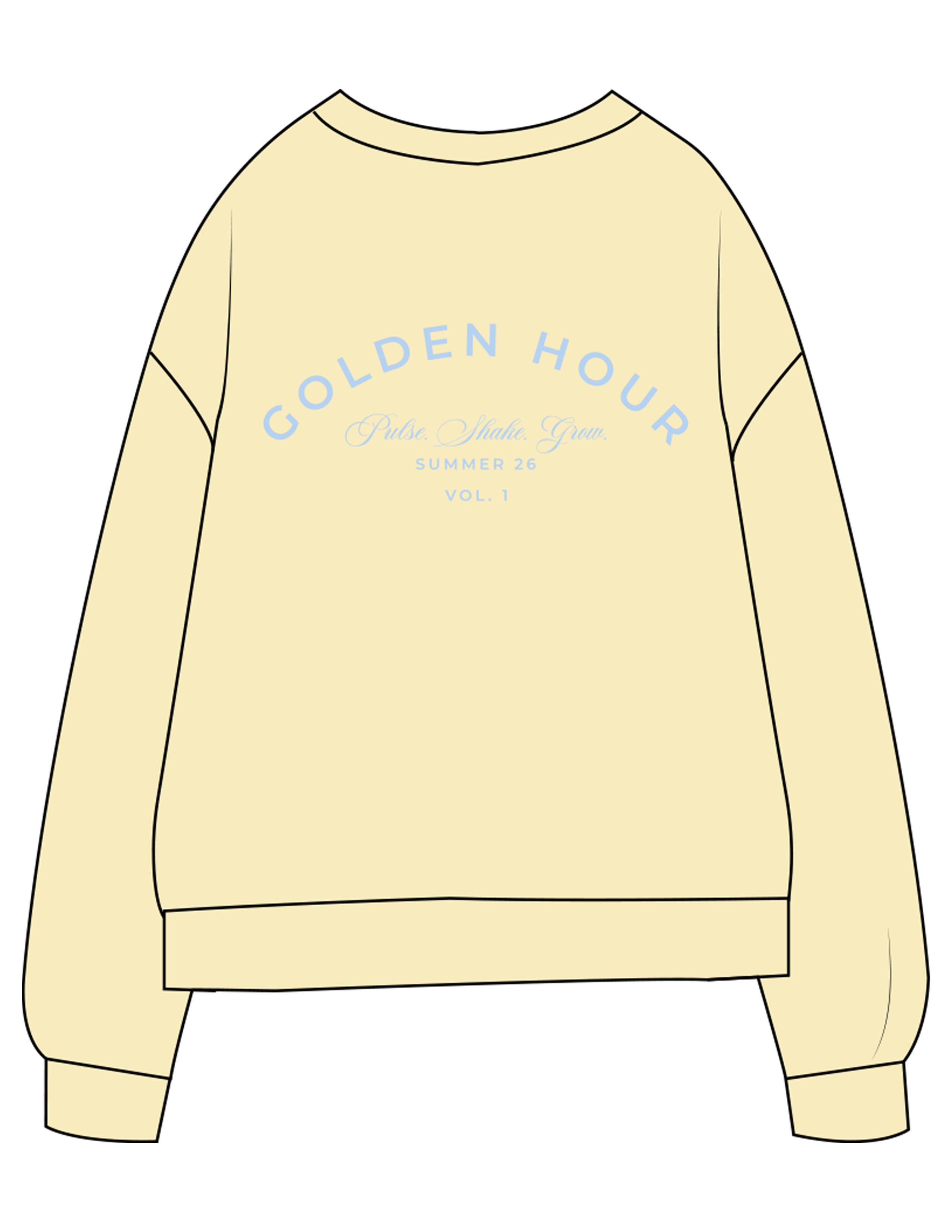 The Midweight Unisex Crewneck - Washed Yellow - Golden Hour - Center Chest Stacked & Back Stacked w/ Script - Printed - Light Blue