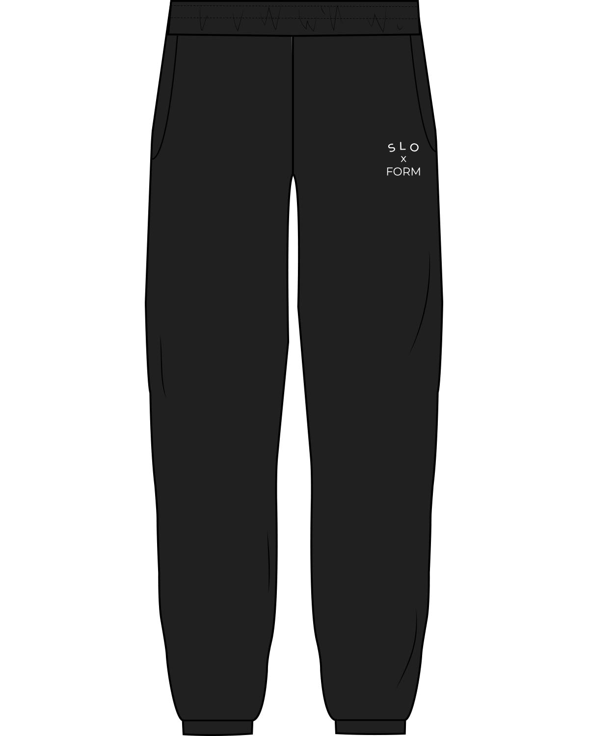 The Womens Sweatpants - Black - Slo x Form - Left Leg Stacked - Printed - White