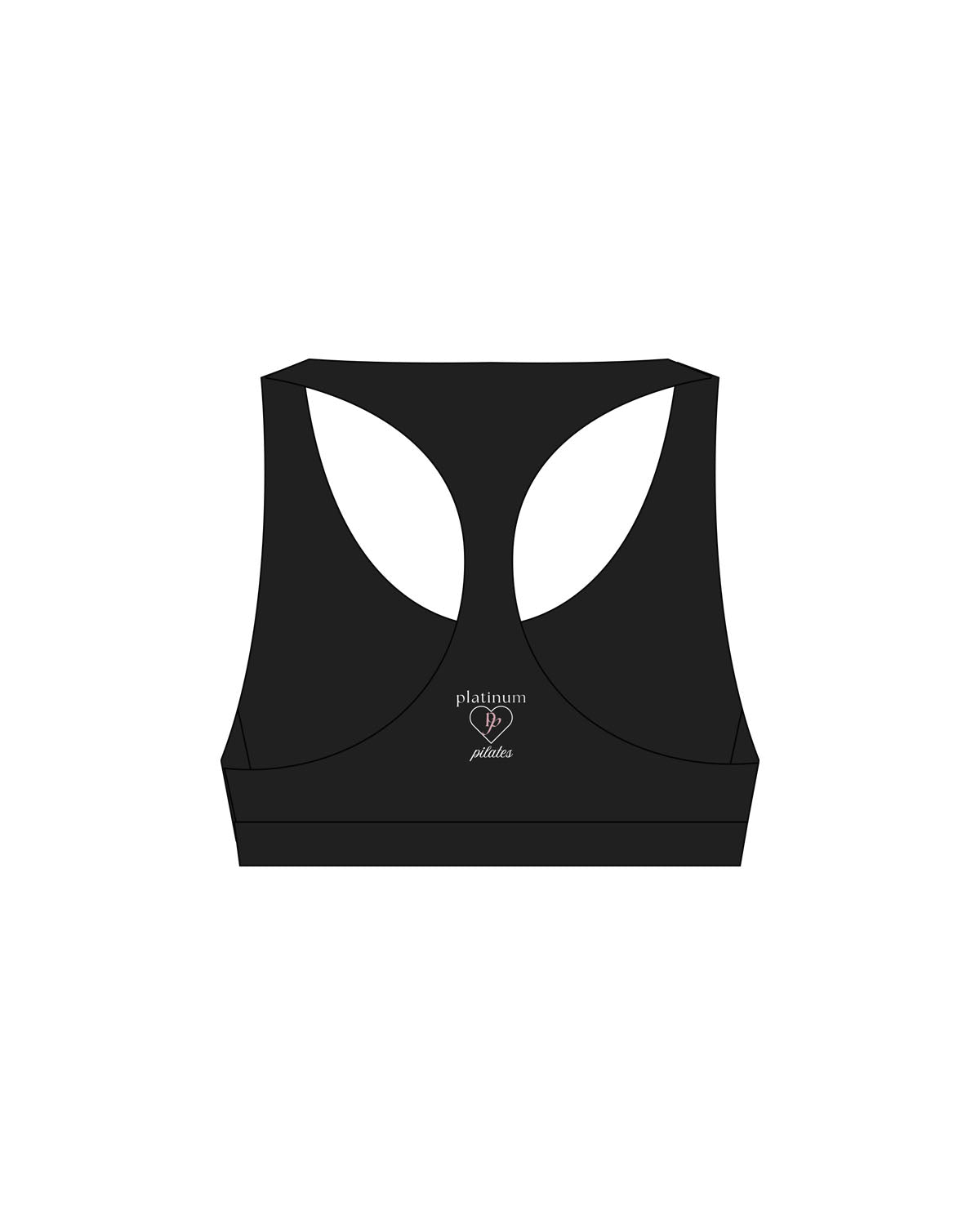 The Racer Bra - Black - Platinum Pilates - Left Chest Stacked & Back Stacked - Printed - White