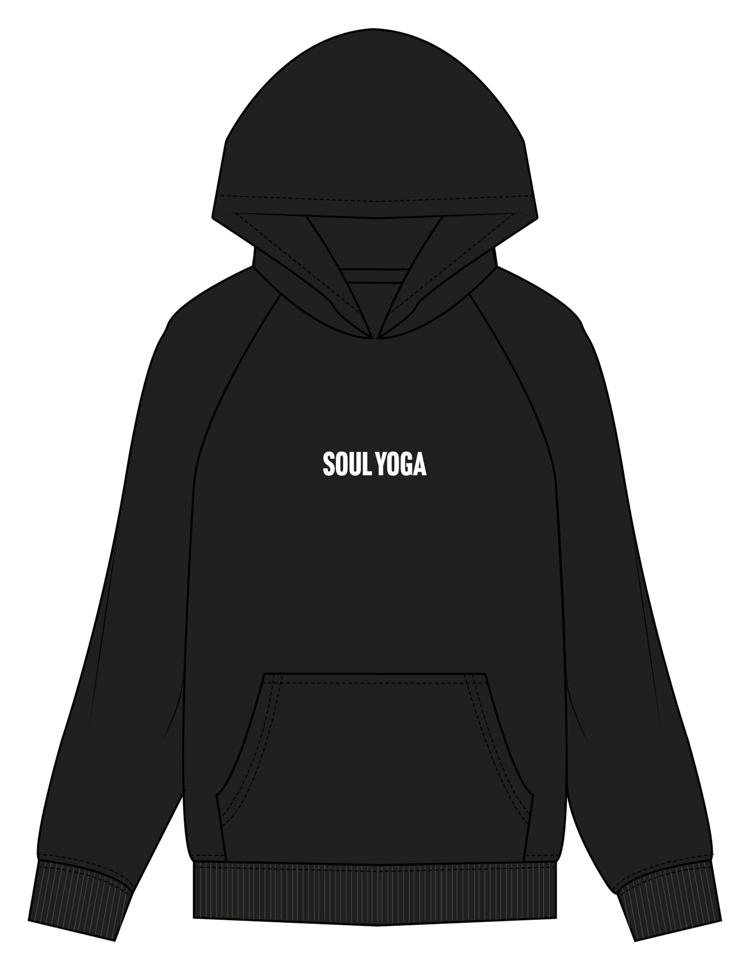 The Mens Hoodie - Black - SOUL YOGA - Center Chest - Printed - White