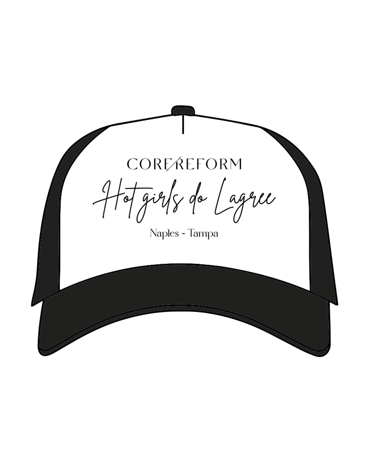THE FOAM TRUCKER HAT - White / Black - CORE REFORM - "Hot Girls" Center Crown Logo - Printed -  Black