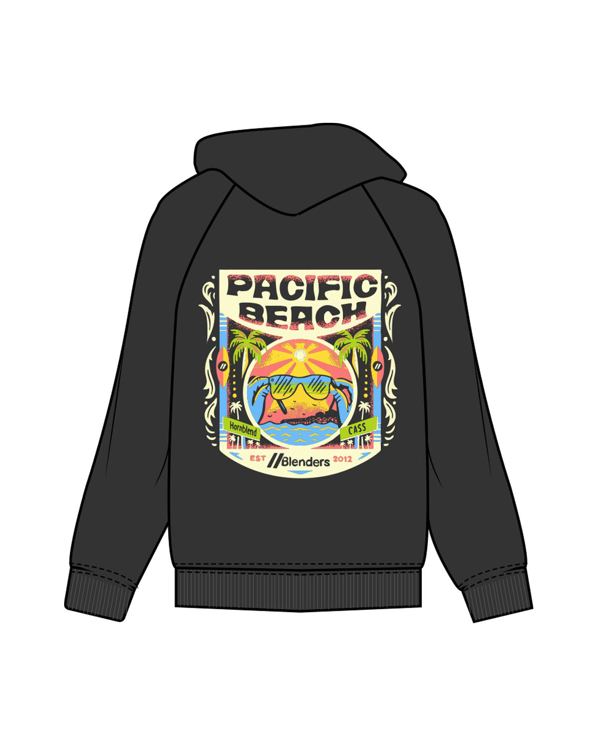 The Mens Hoodie - Washed Black - Blenders - Left Chest & Back "PACIFIC BEACH" - Printed - Full Color