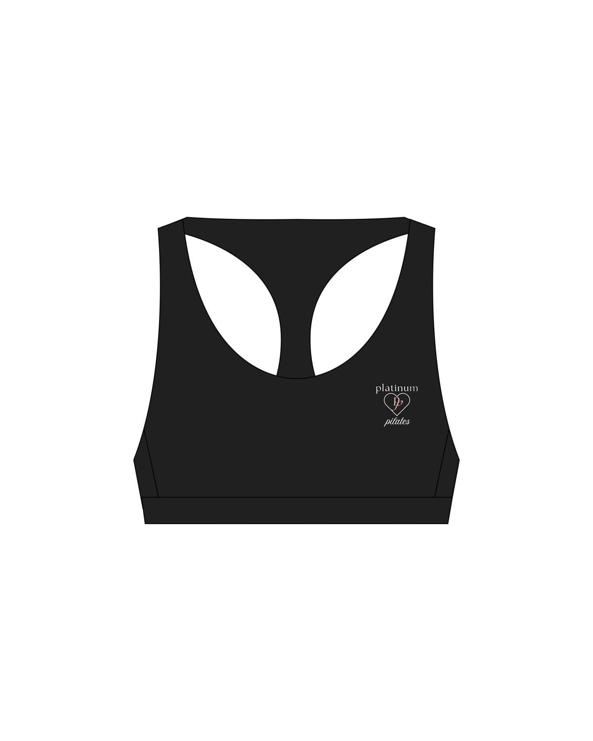 The Racer Bra - Black - Platinum Pilates - Left Chest Stacked & Back Stacked - Printed - White