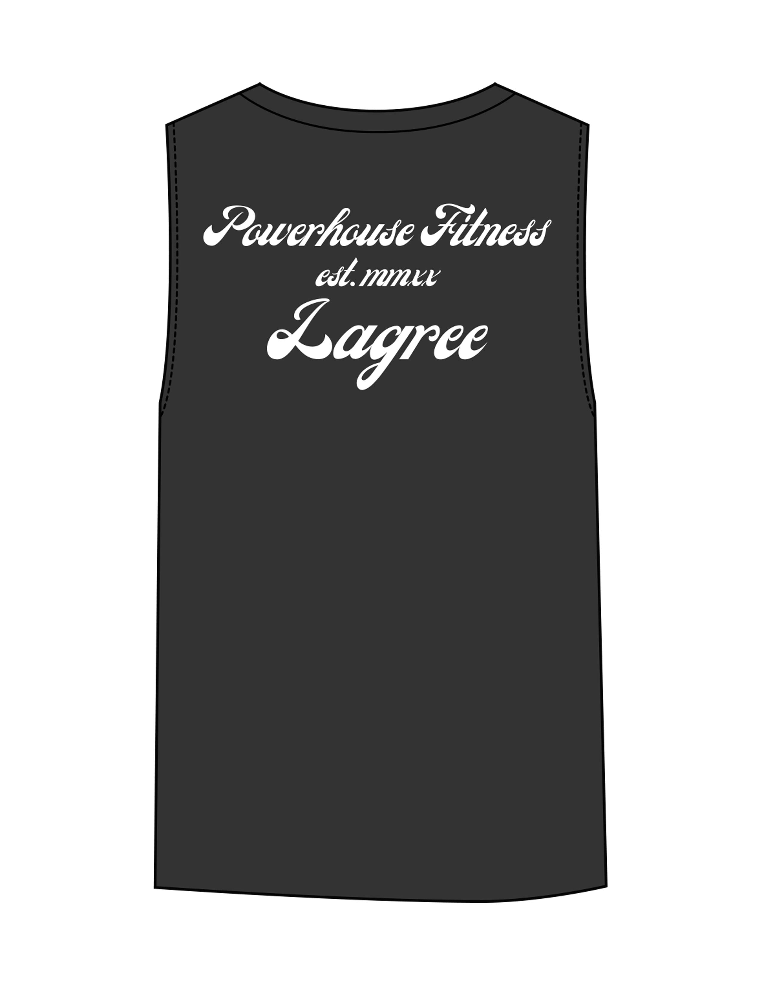 The Womens Heavyweight Tank - Washed Black - Powerhouse Fitness - Center Chest & Back Stacked "Lagree" - Printed - White