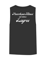 The Womens Heavyweight Tank - Washed Black - Powerhouse Fitness - Center Chest & Back Stacked "Lagree" - Printed - White