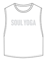 The Crop Muscle Tank - White - SOUL YOGA - Center Chest - Printed - Light Grey