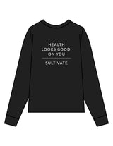 The Womens Oversized Long Sleeve - Black - Sultivate - Left Chest & Back Stacked - Printed - White
