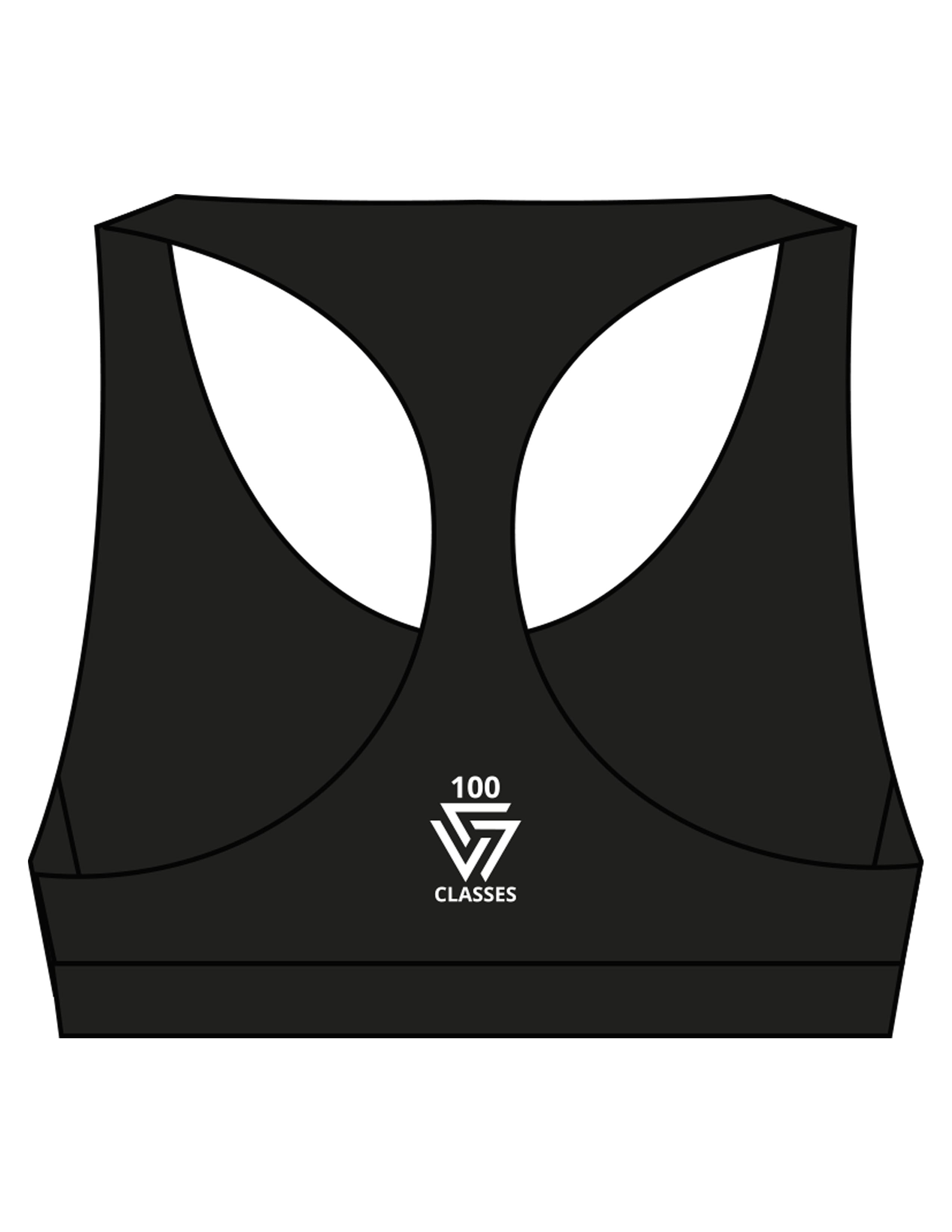 The Racer Bra - Black - LVL - Center Chest Stacked & Back "100" Icon Stacked - Printed - White