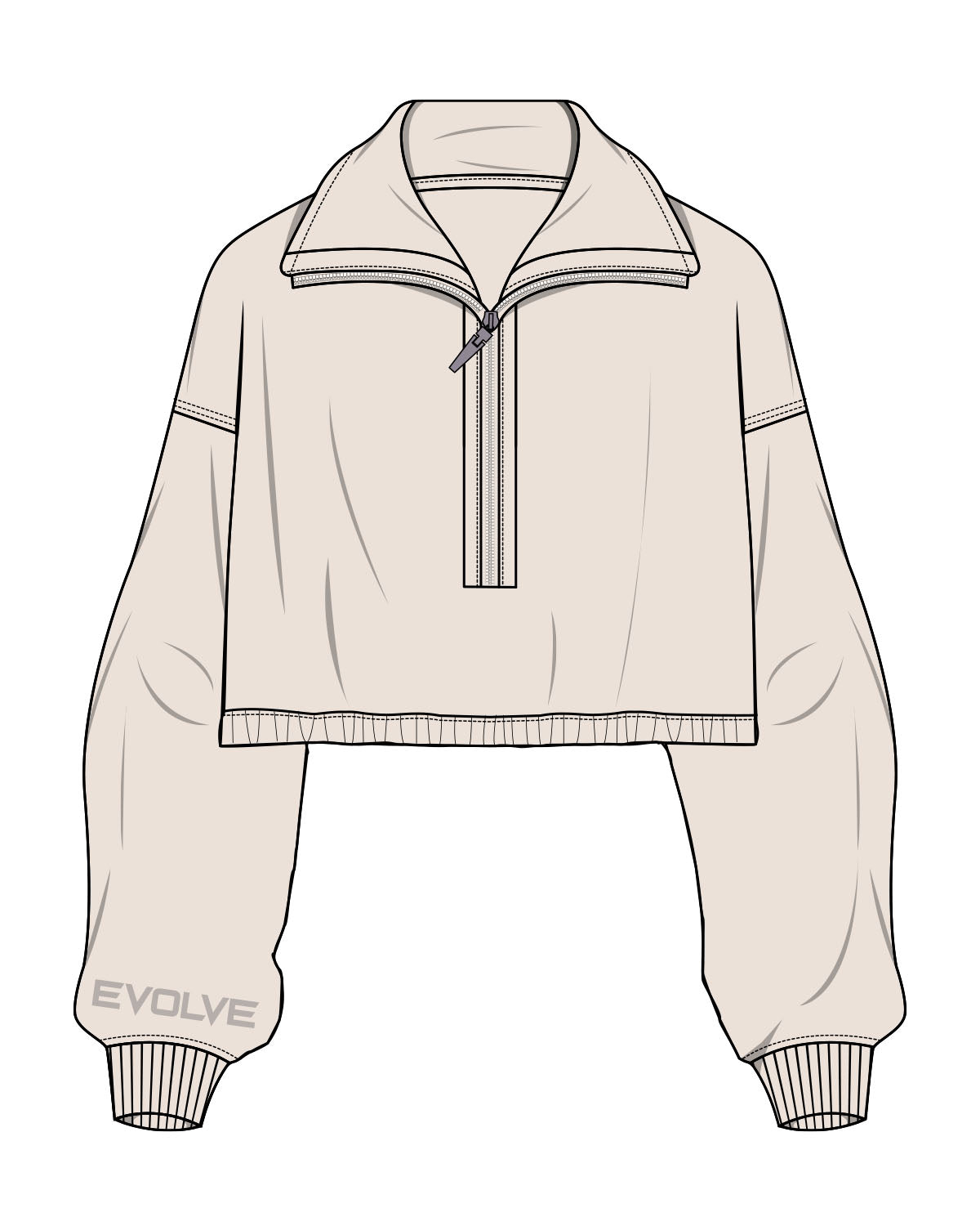 The Suede 1/2 Zip - Latte - Evolve Lagree - Right Cuff Sleeve - Embroidered - Tone on Tone