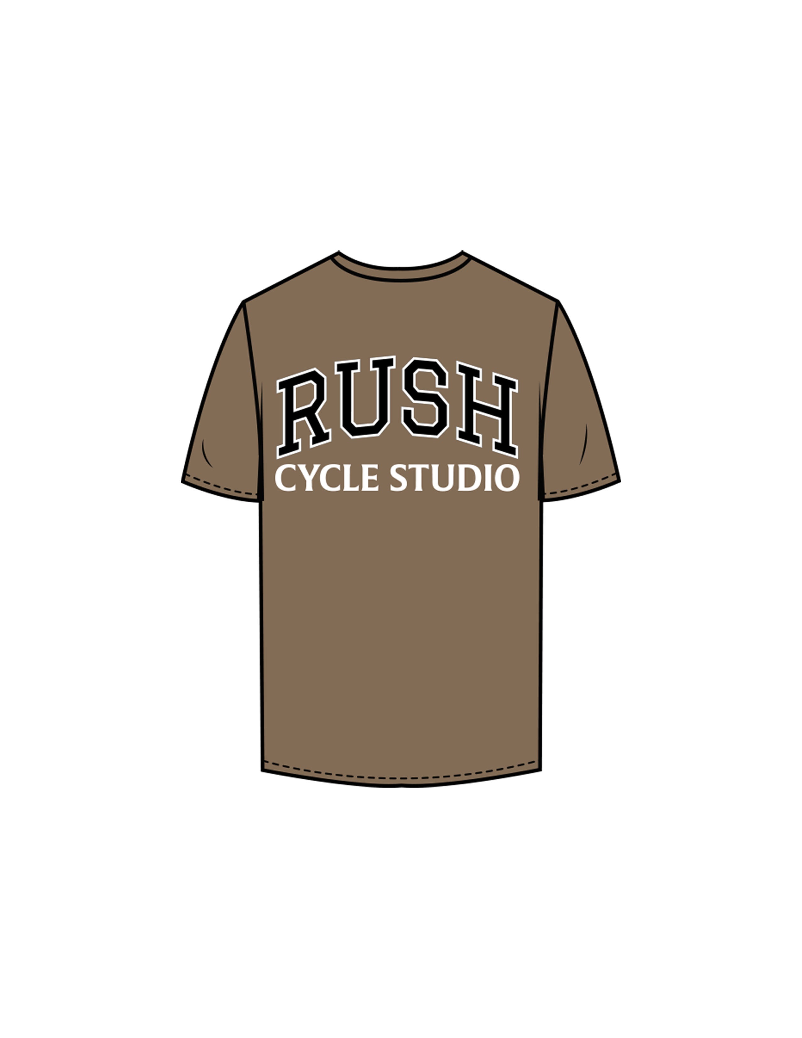 The Mens Tee - Walnut - Rush Cycle Studio - Back Stacked - Printed - Full Color