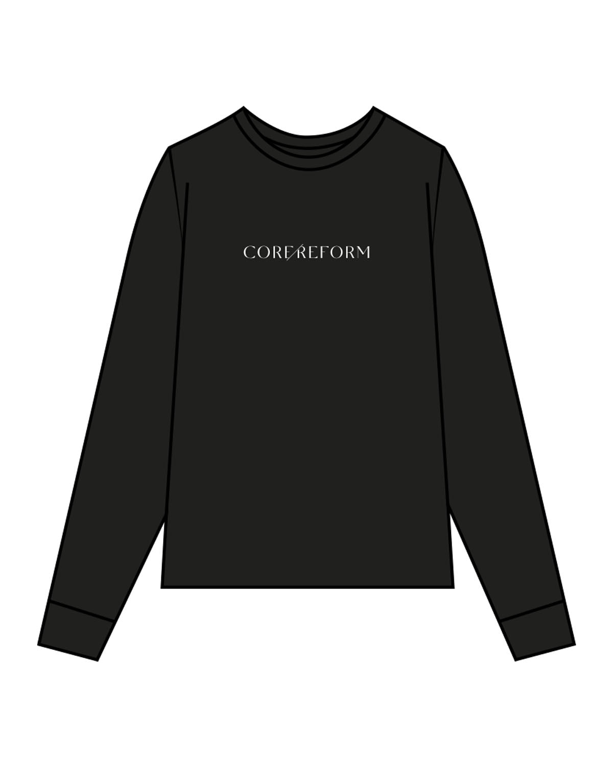 The Mens Long Sleeve - Black - Core Reform - Center Chest & Back Stacked - Printed - White