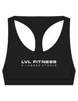 The Racer Bra - Black - LVL - Center Chest Stacked & Back "100" Icon Stacked - Printed - White