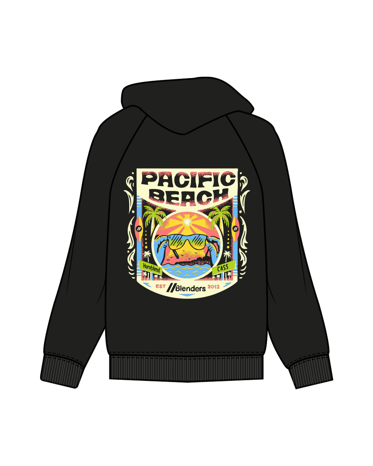 The Mens Hoodie - Black - Blenders - Left Chest & Back "PACIFIC BEACH" - Printed - Full Color