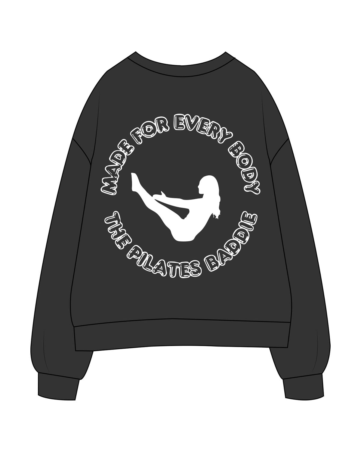 The Womens Crewneck - Washed Black - Pilates Baddie - Left Chest Arc & Back Round - Printed - White