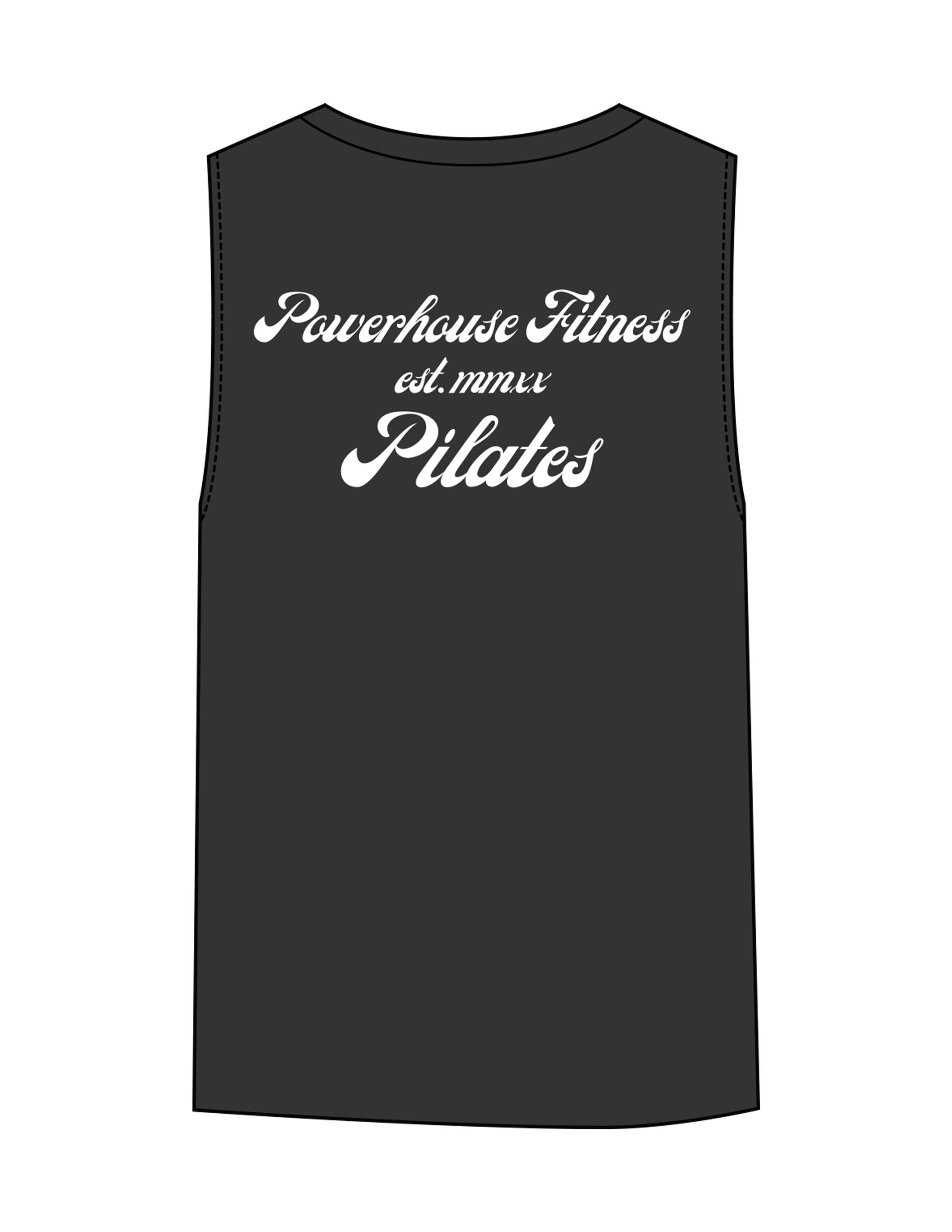 The Womens Heavyweight Tank - Washed Black - Powerhouse Fitness - Left Chest & Back Stacked "Pilates" - Printed - White