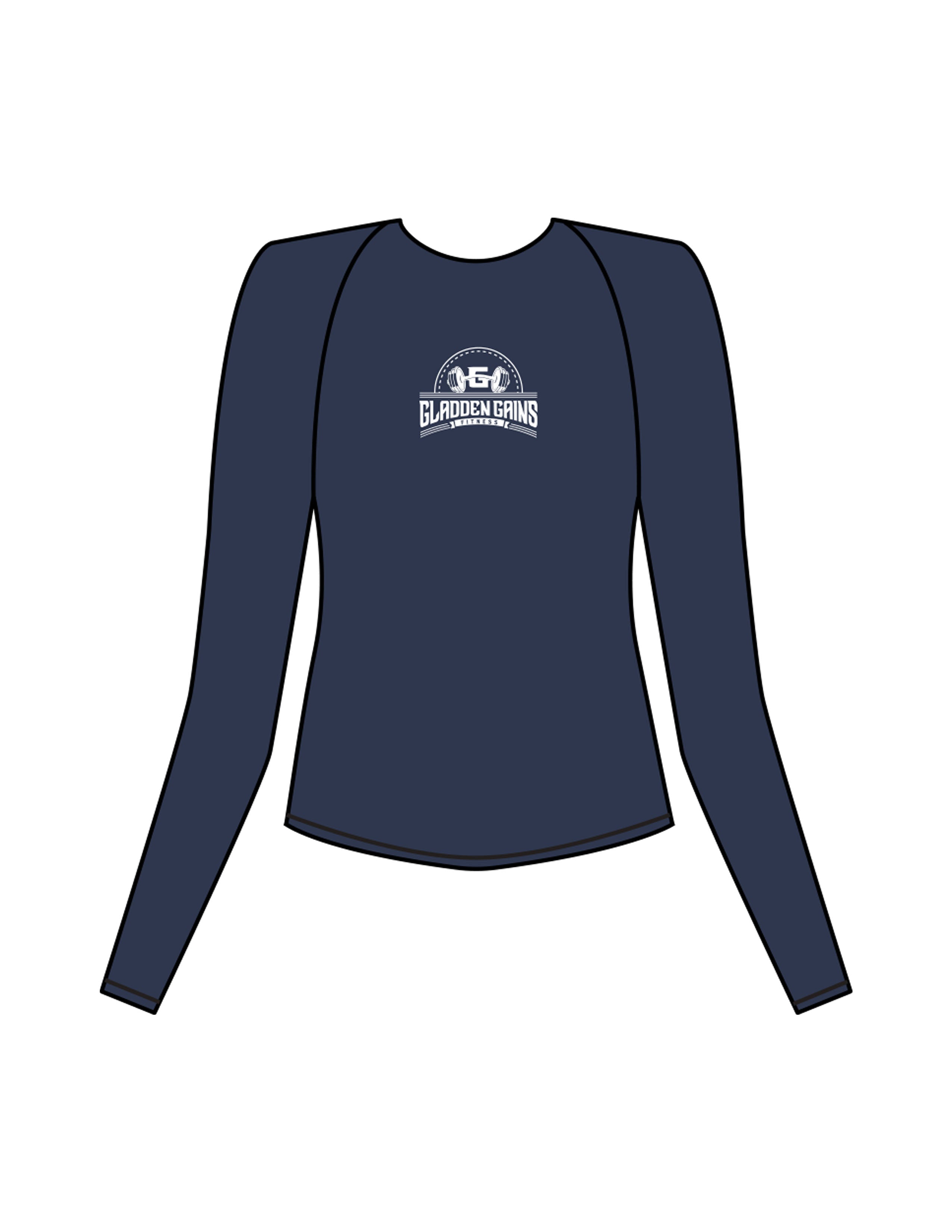 The Womens Sporty Long Sleeve - Navy - Gladden Gains - Center Chest - Printed - White
