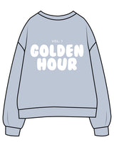 The Womens Crewneck - Powder - Golden Hour - Left Chest Stacked & Back Stacked - Printed - White