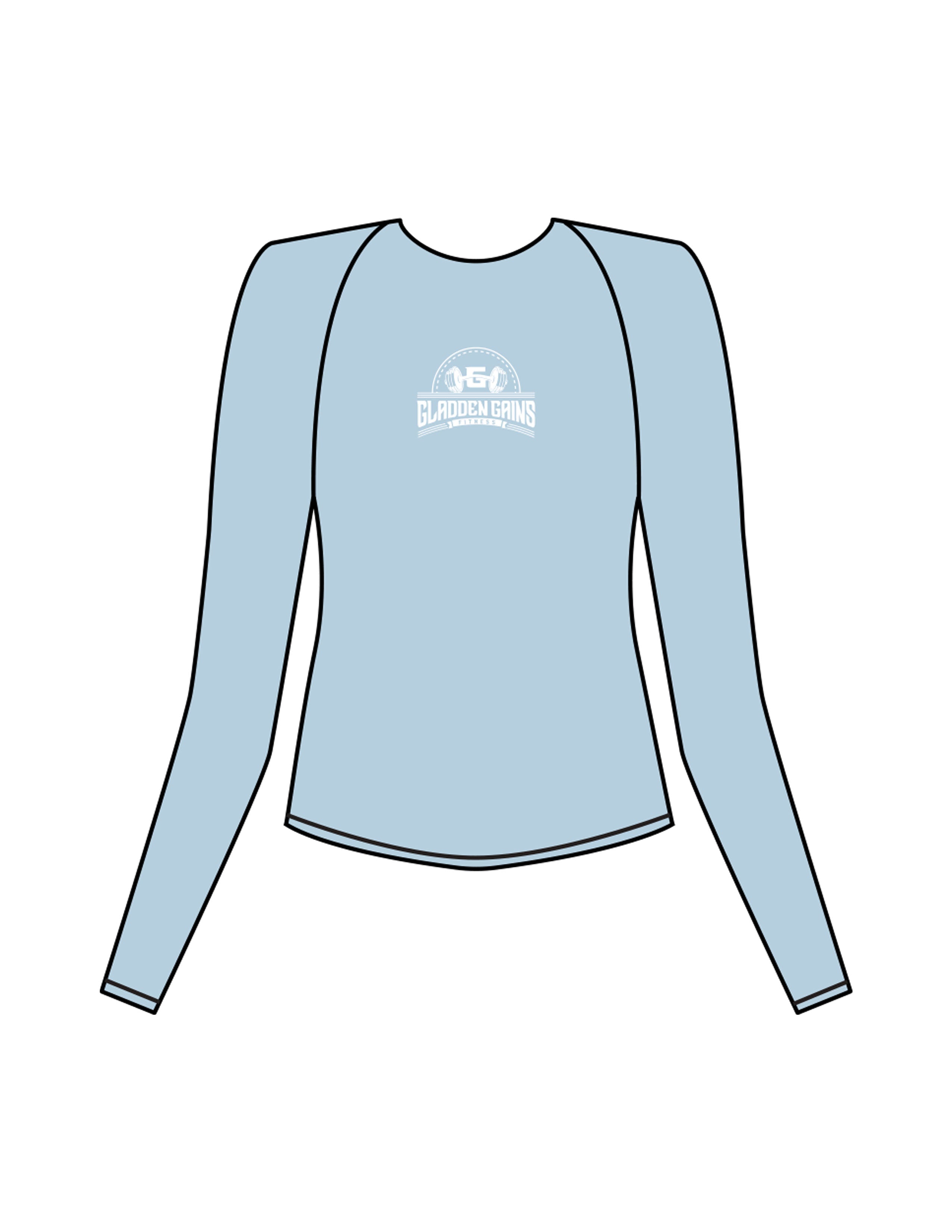 The Womens Sporty Long Sleeve - Blue - Gladden Gains - Center Chest - Printed - White
