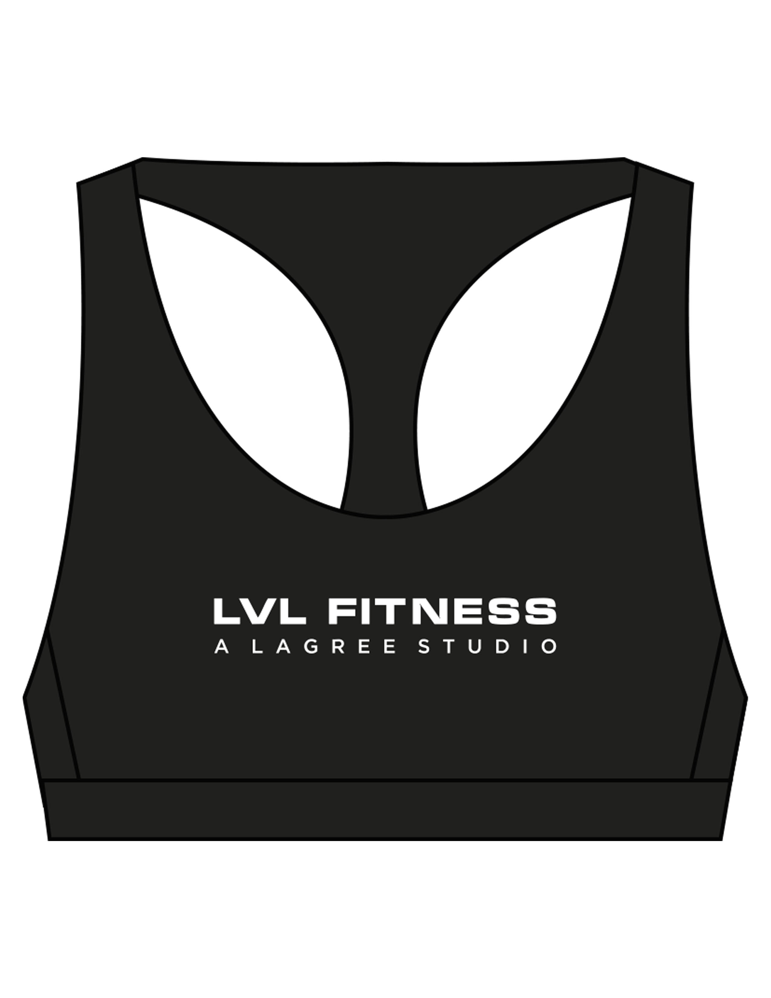 The Racer Bra - Black - LVL - Center Chest Stacked & Back Icon - Printed - White