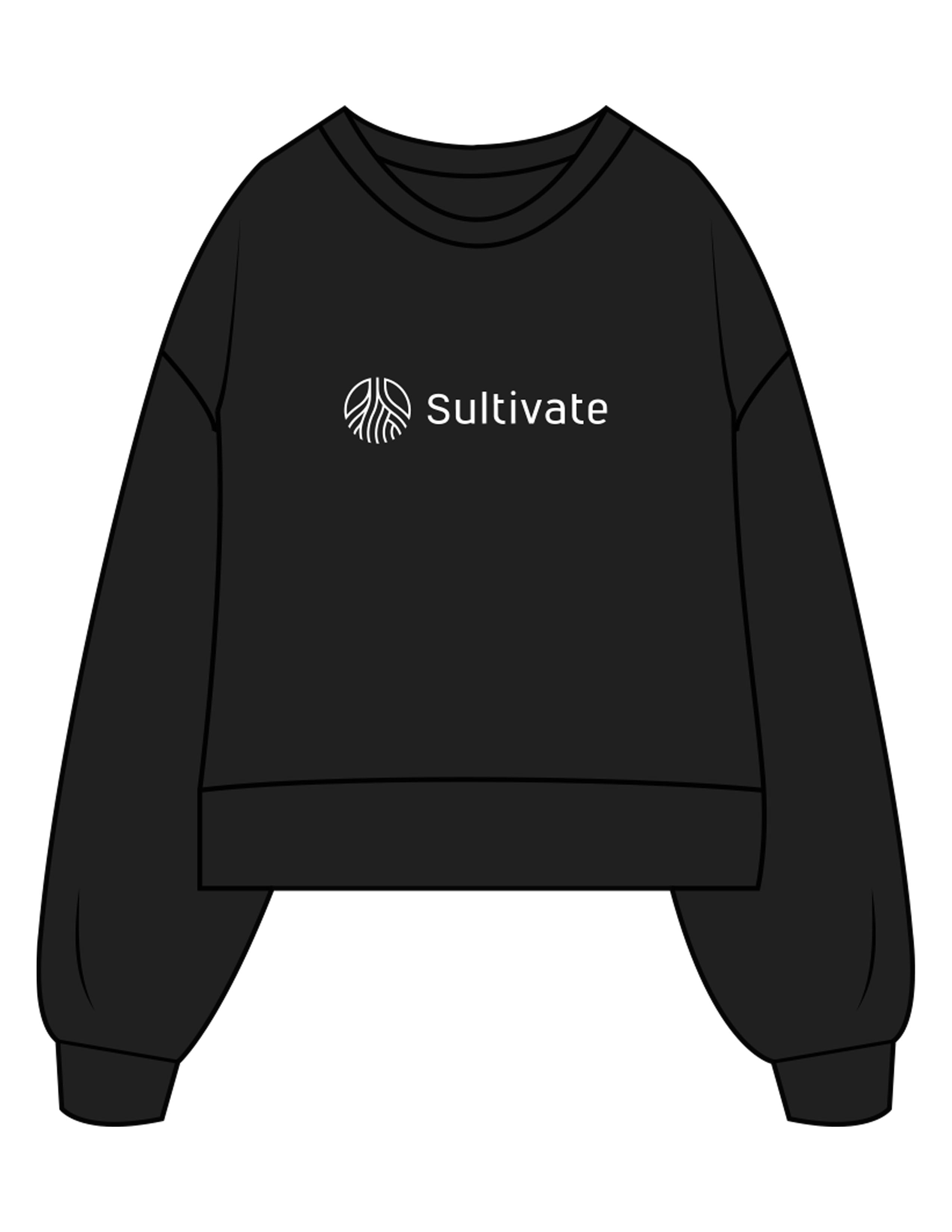 The Womens Heavyweight Crop - Black - Sultivate - Center Chest & Back Stacked - Printed - White